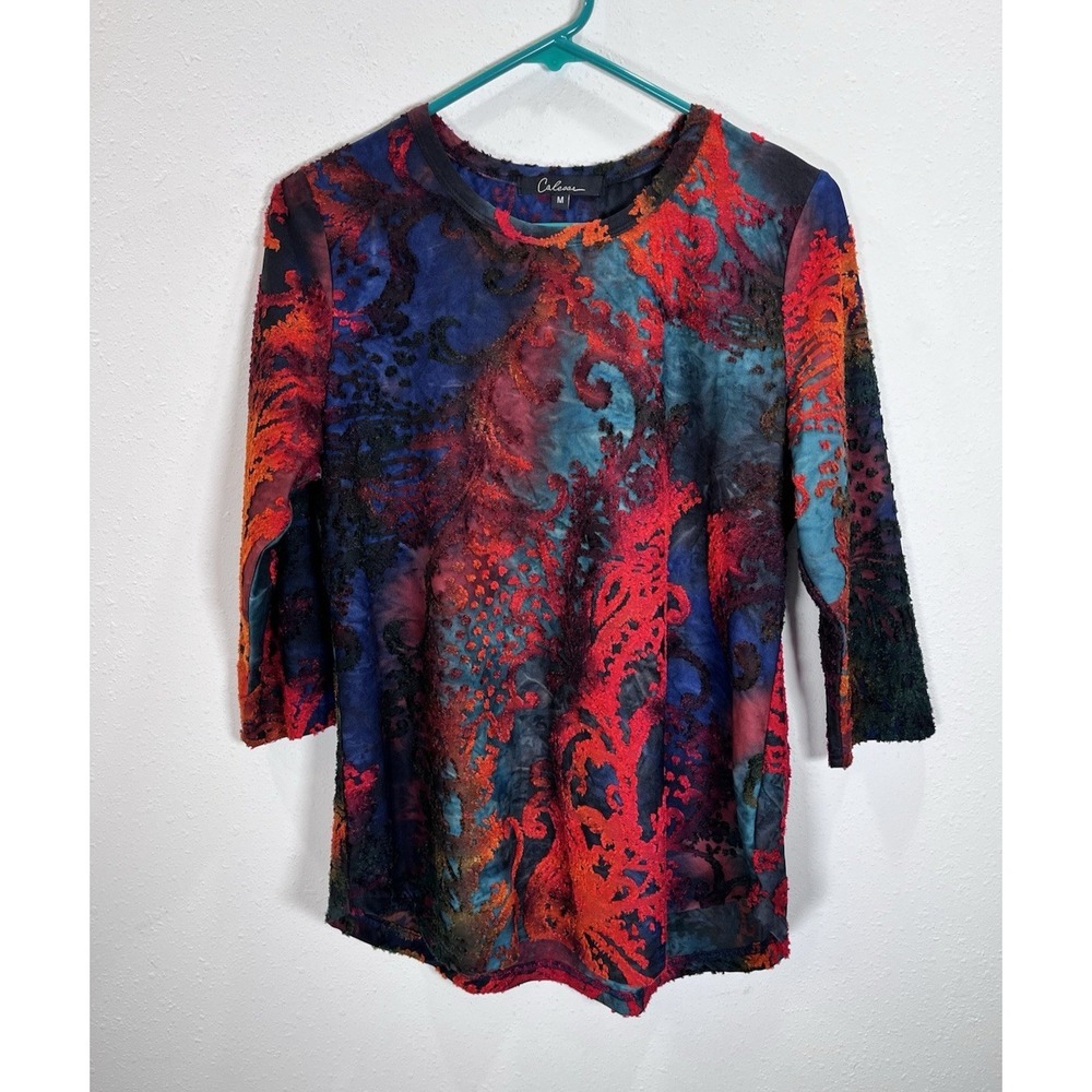 Caleoas Top Women's Sz Medium Artsy Colorful Stretch Art to Wear 3/4 Sleeve